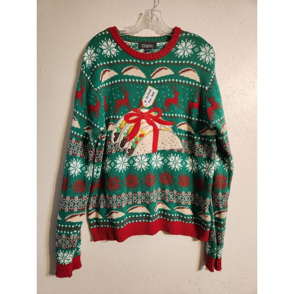 33Degrees Ugly Christmas Sweater Mens Medium Green Taco Holiday Graphic Cotton